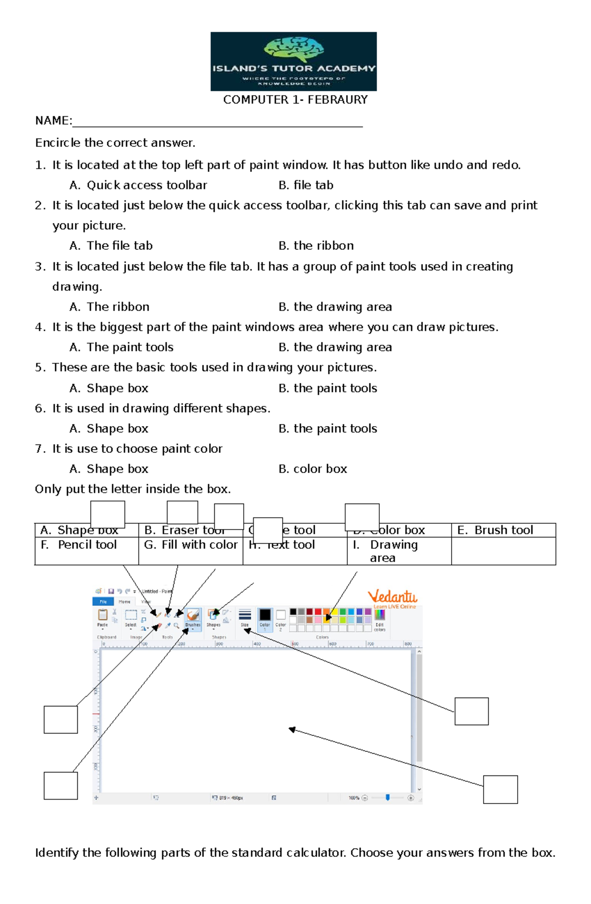 COMPUTER 1 - February Worksheet: Paint & Calculator Parts - Studocu