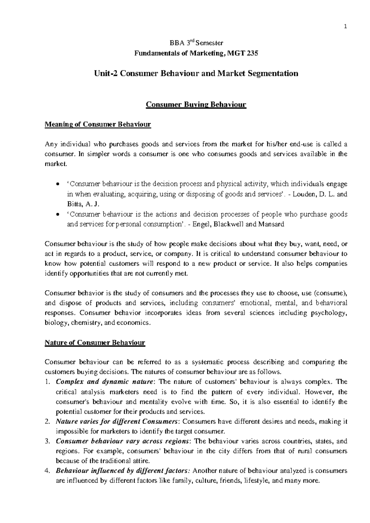 Unit 2 - CEC consumer behaviour and market segmentation notes for MGT ...