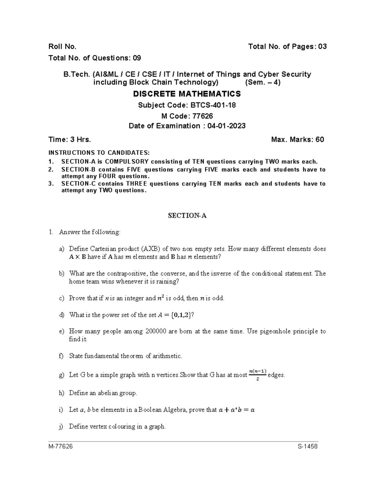 Btech 4 sem discrete mathematics 77626 jan 2023 - M-77626 S- Roll No ...