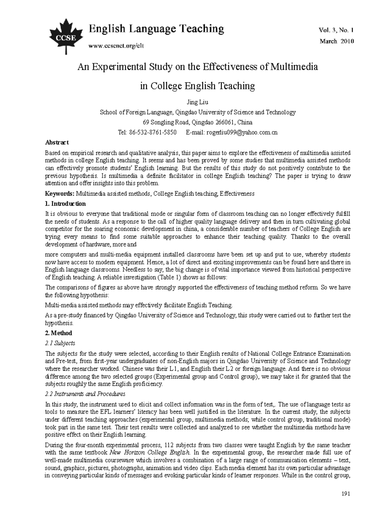 Multimedia Effectiveness in College English Teaching: An Experimental ...