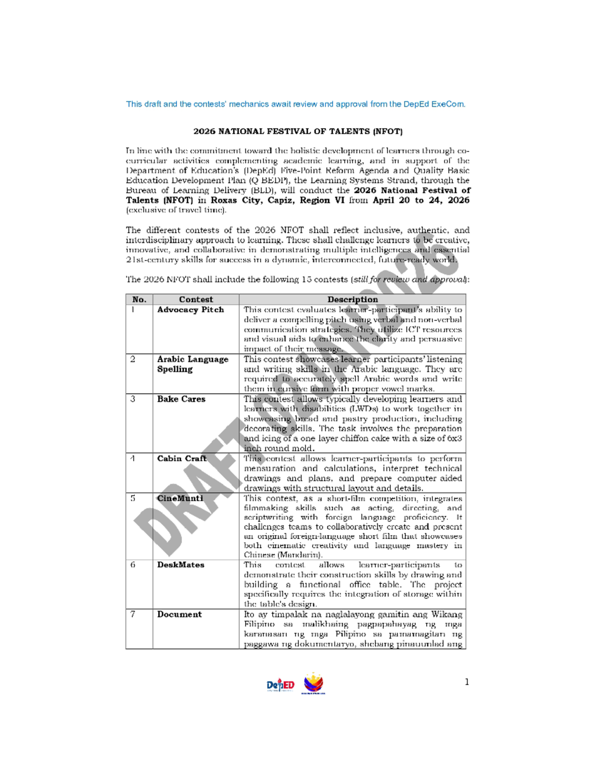 2026 NFOT Draft Guidelines Awaiting DepEd ExeCom Approval - Studocu