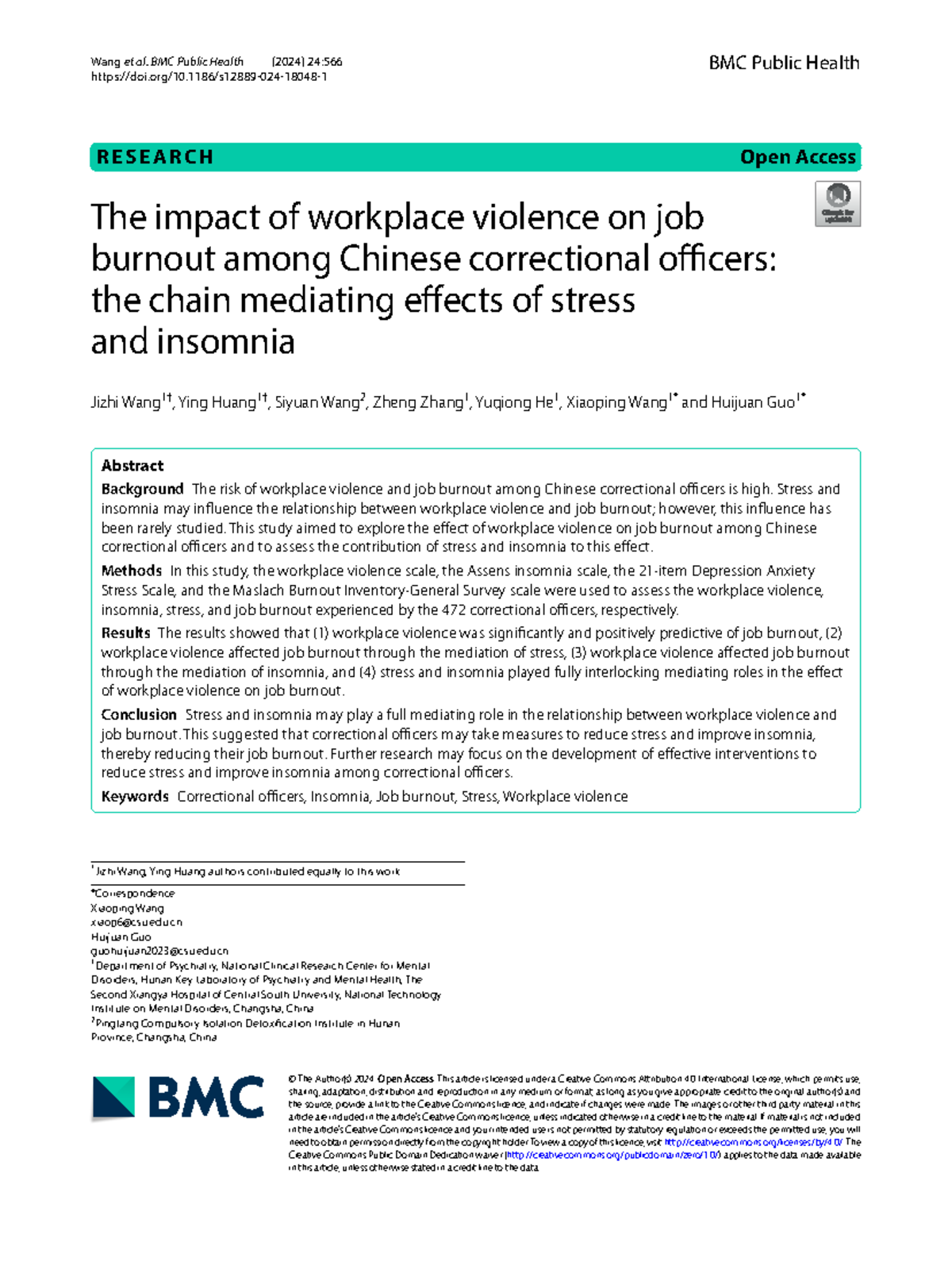 The Impact of Workplace Violence on Job Burnout: Insights from Chinese ...