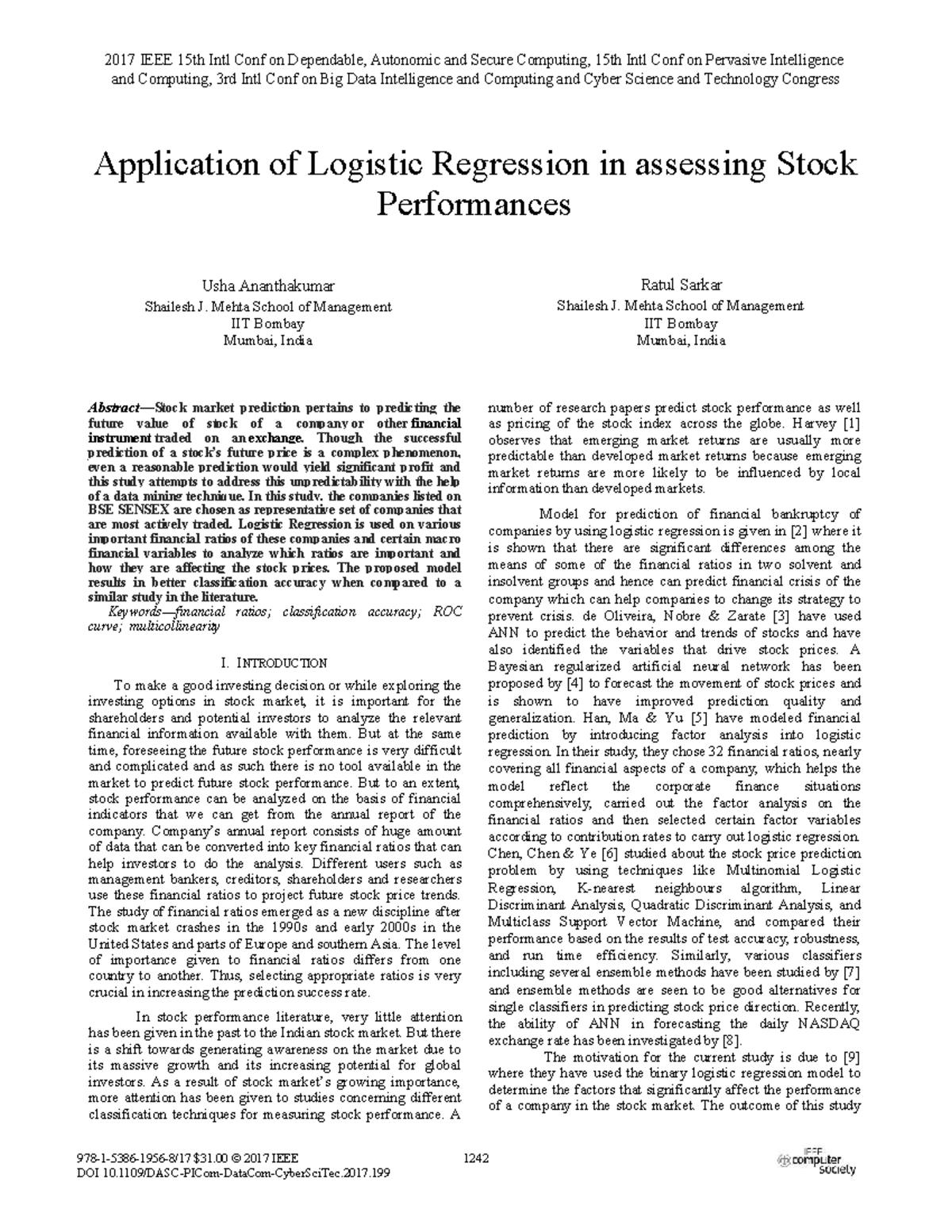 Application of Logistic Regression for Stock Performance Analysis (2017 ...