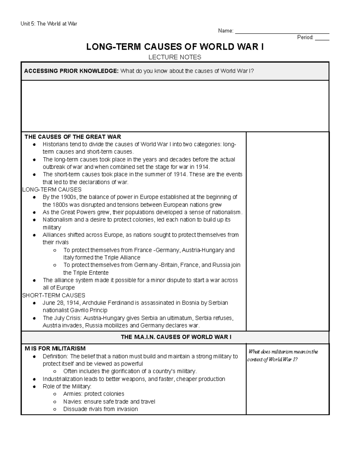 Long-Term Causes of WWI: History 101 Lecture Notes & Insights - Studocu