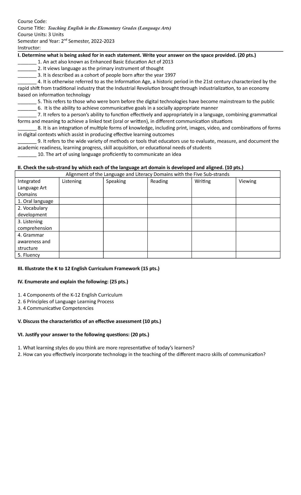 ENGL1A - Prelim Test Questionnaire for Teaching English in Elementary ...