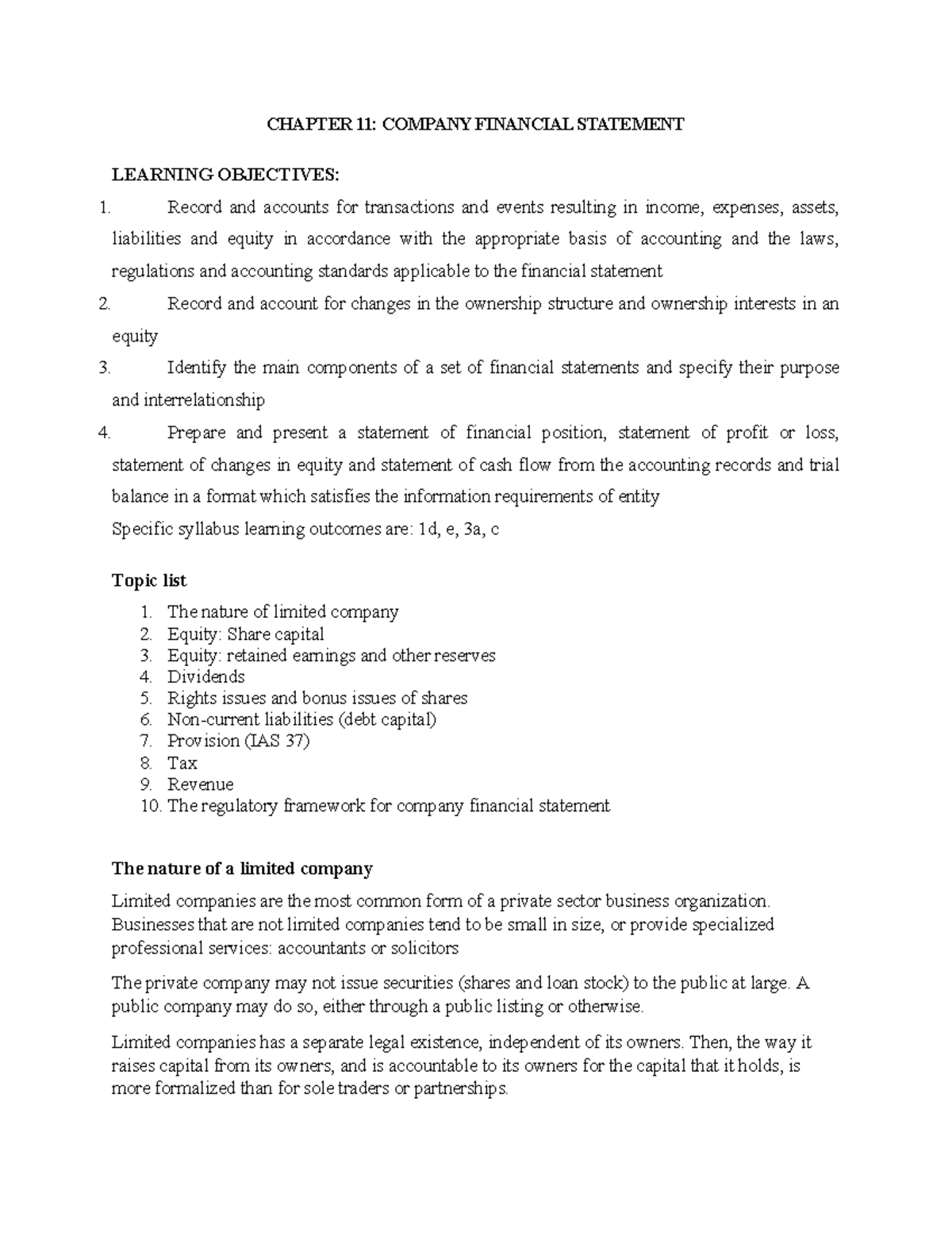 CHAPTER 11: COMPANY FINANCIAL STATEMENTS - KEY LEARNING OBJECTIVES ...