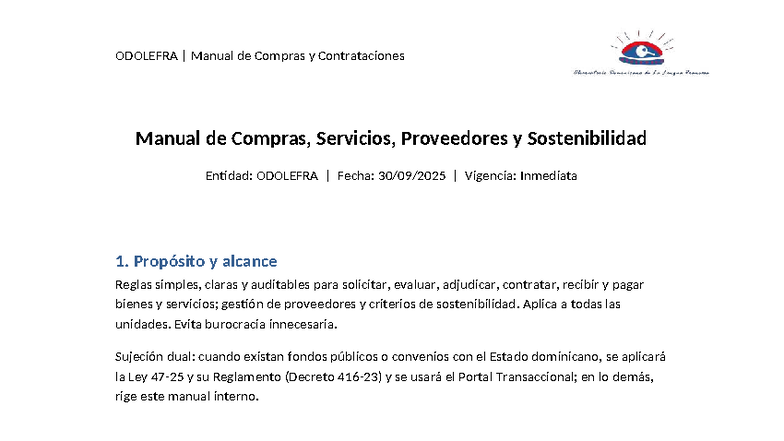 ODOLEFRA Manual de Compras y Contrataciones - Guía Completa - Studocu