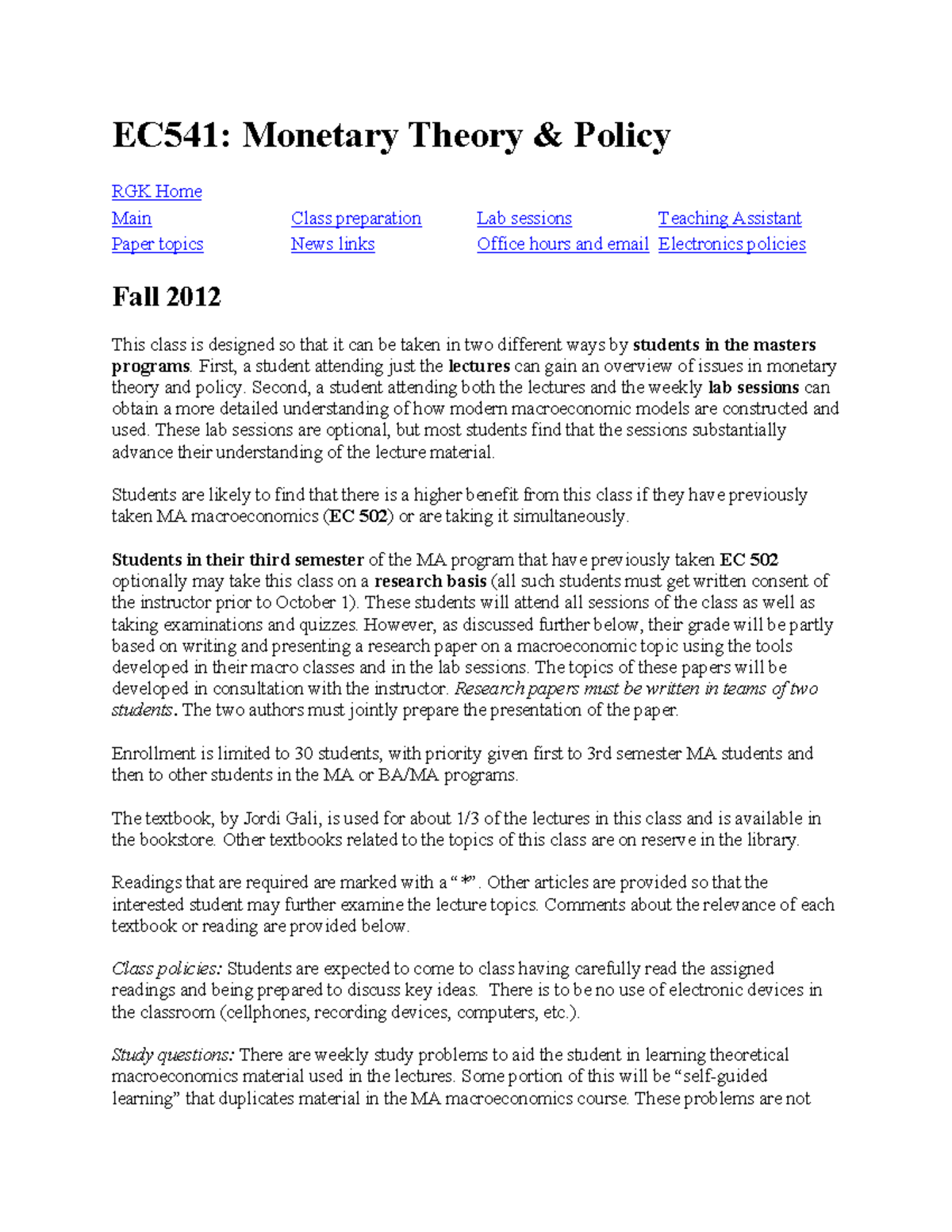 EC541: Monetary Theory & Policy - Class Overview & Key Concepts Fall ...