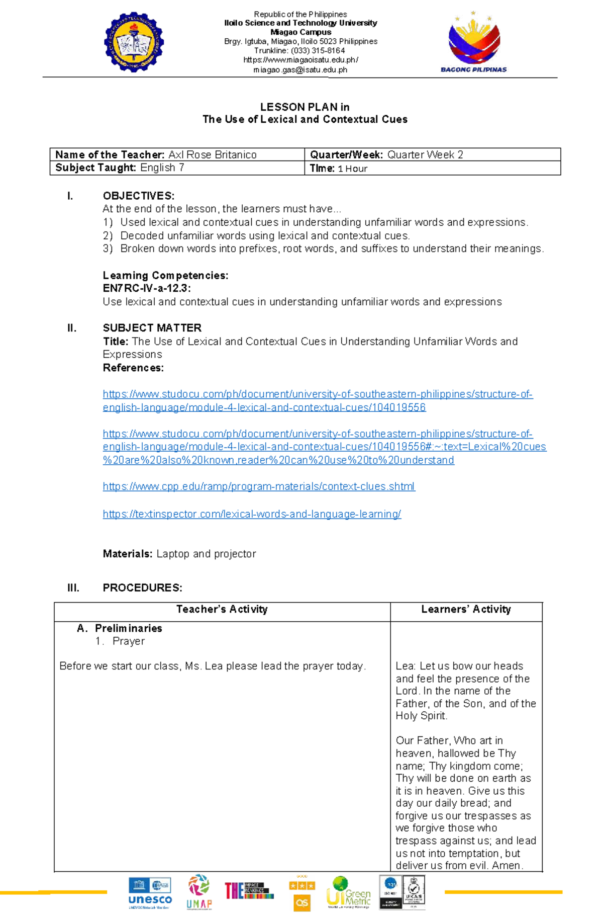 EN7 Lesson Plan: Using Lexical & Contextual Cues (Britanico) - Studocu