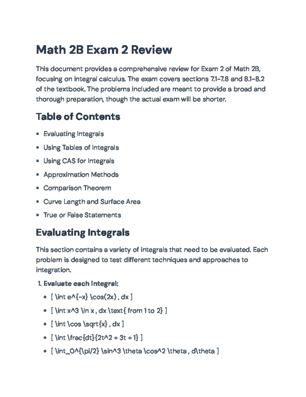 Math 2B Final Exam 2 Review: Problems and Solutions Guide - Studocu