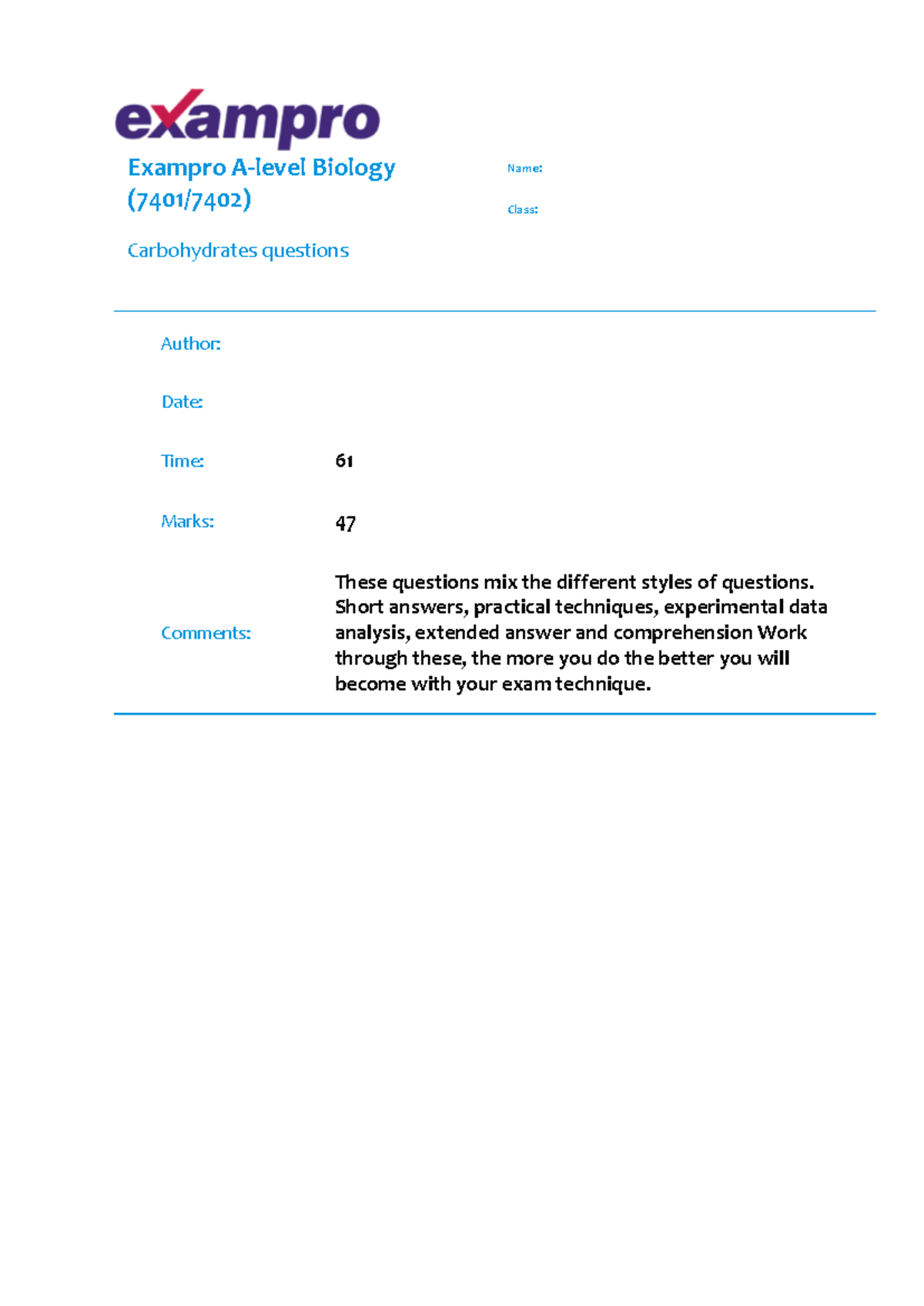 Carbohydrates Questions for Exampro Biology (61 Marks) - Studocu