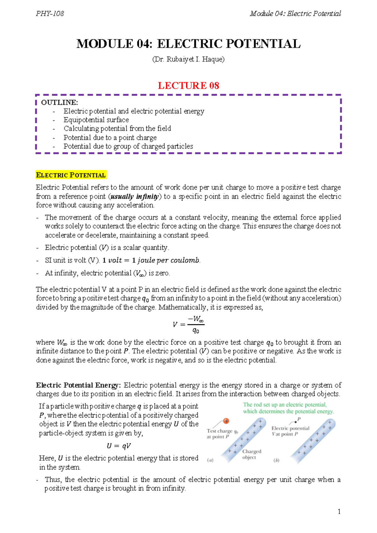 Lecture 08: Electric Potential - Module 04 Overview - Studocu