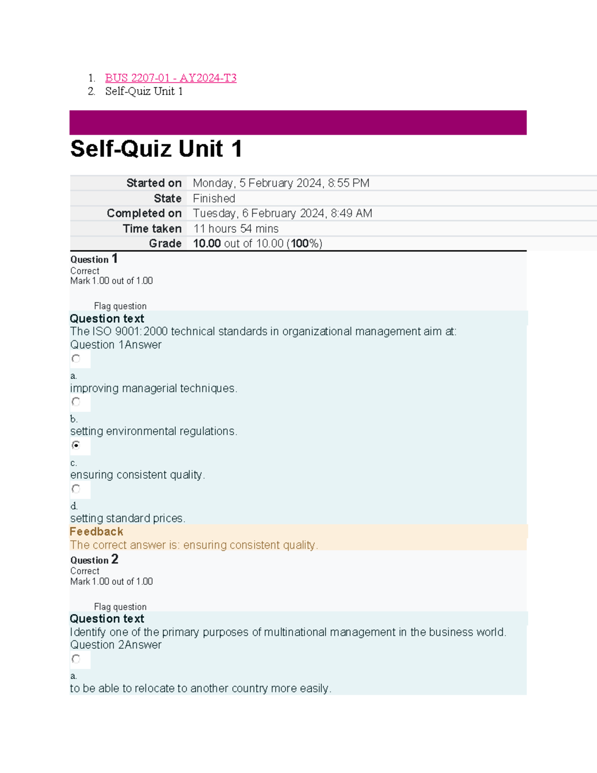 Self Quiz Unit 1 - UoPeople Quiz - 1. BUS 2207-01 - AY2024-T 2. Self ...