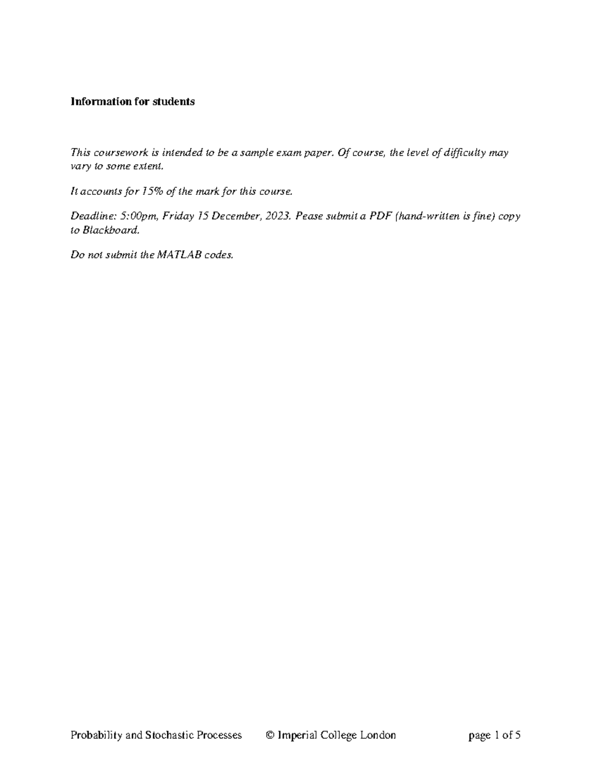 Coursework 2023: Sample Exam Paper for Prob & Stochastic Processes ...