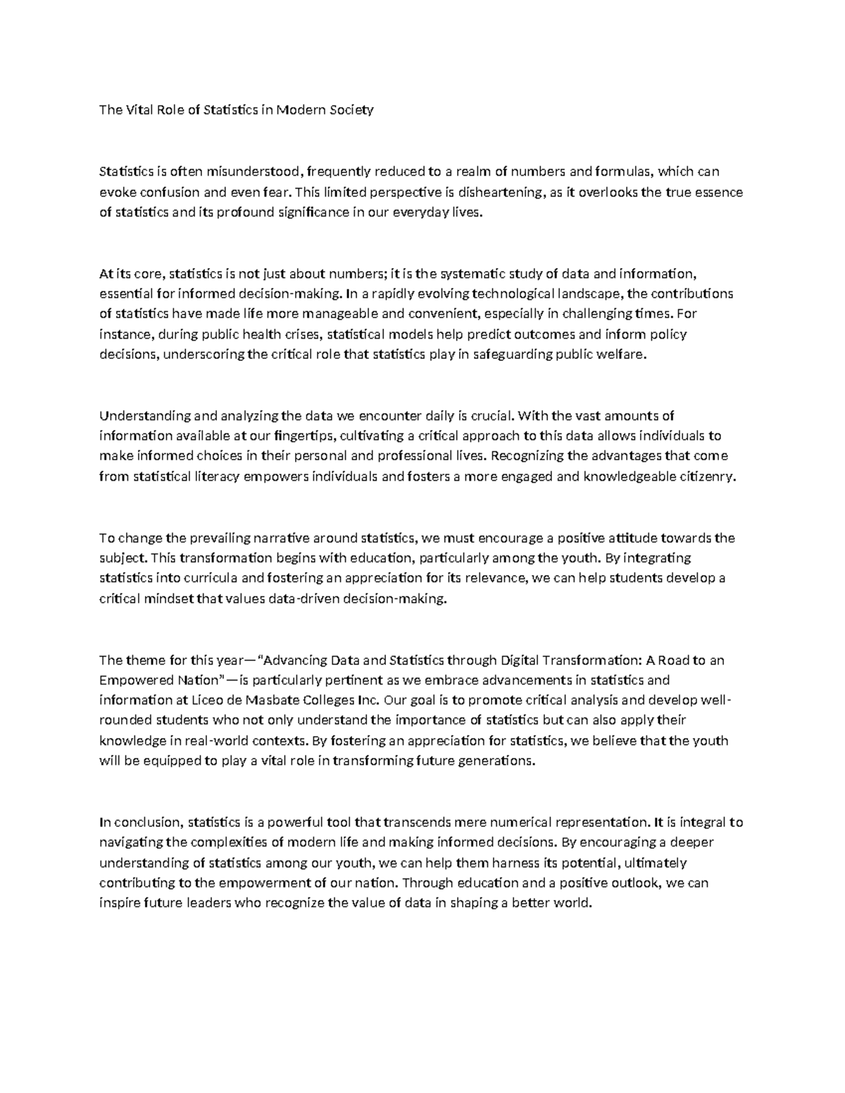 Document - The Vital Role of Statistics in Modern Society Statistics is ...