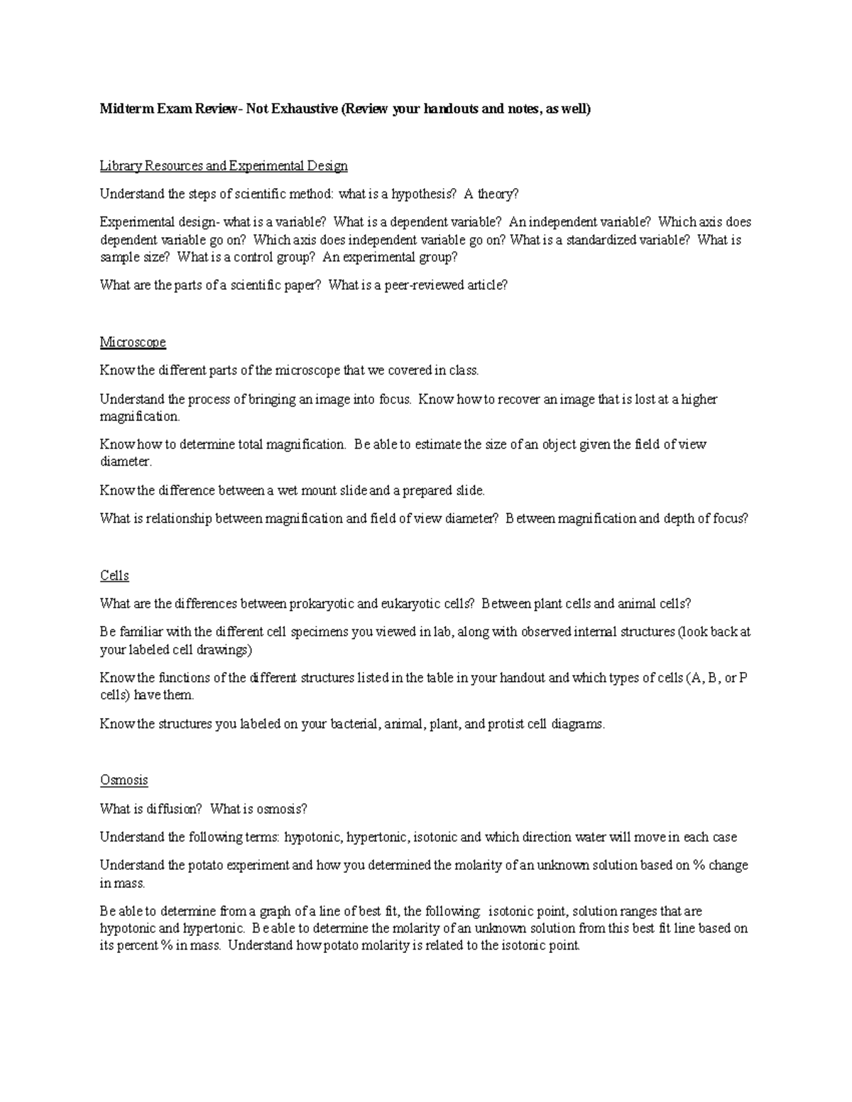 Biology 101 Midterm Exam Review: Key Topics & Concepts - Studocu