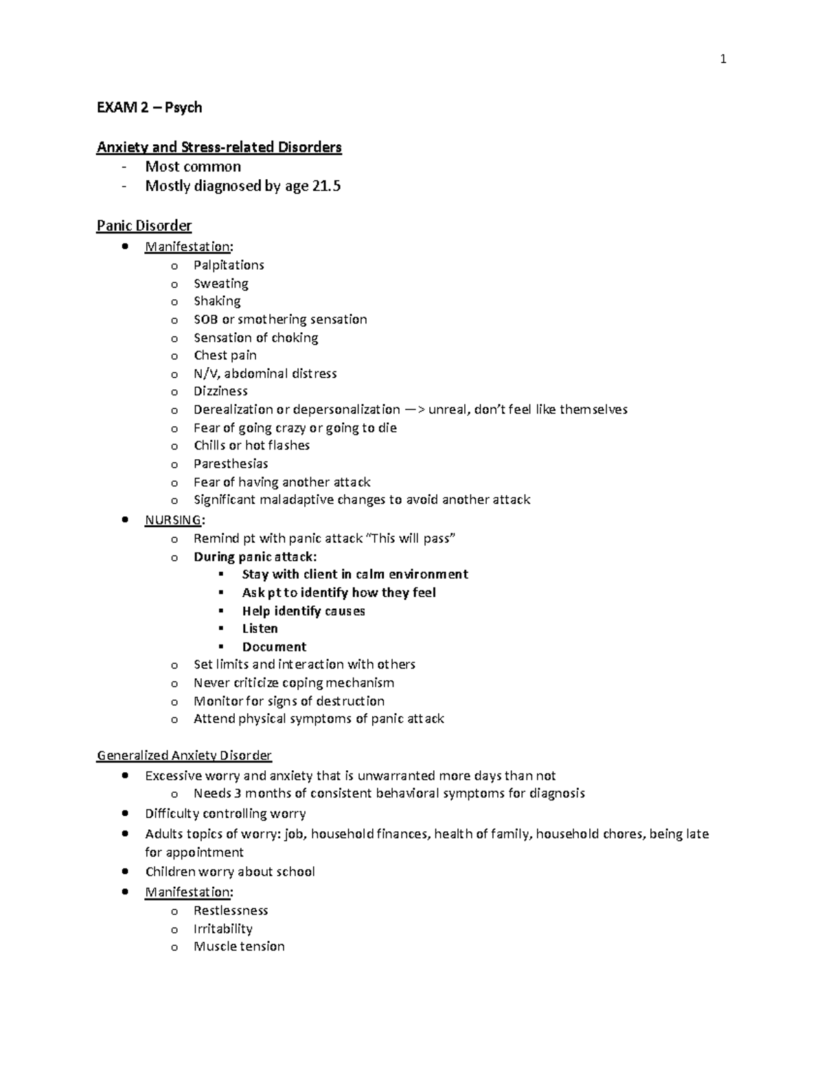 Exam 2 - Psych: Comprehensive Notes on Anxiety Disorders and Treatment ...