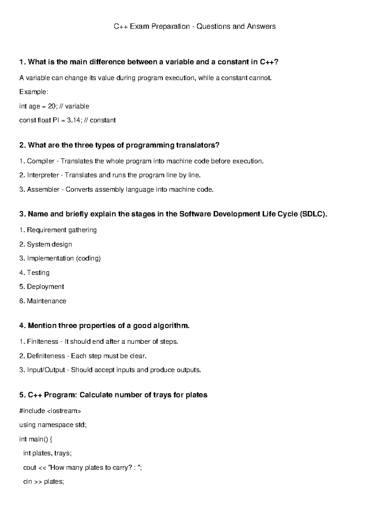 C++ Exam Preparation Questions & Answers for Final Exam - Studocu