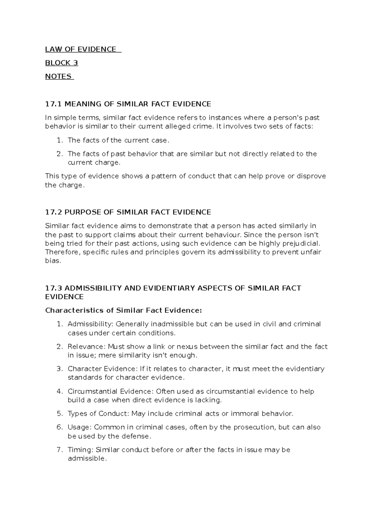 LAW 101: Unit 7 Notes on Similar Fact Evidence and Its Evolution - Studocu