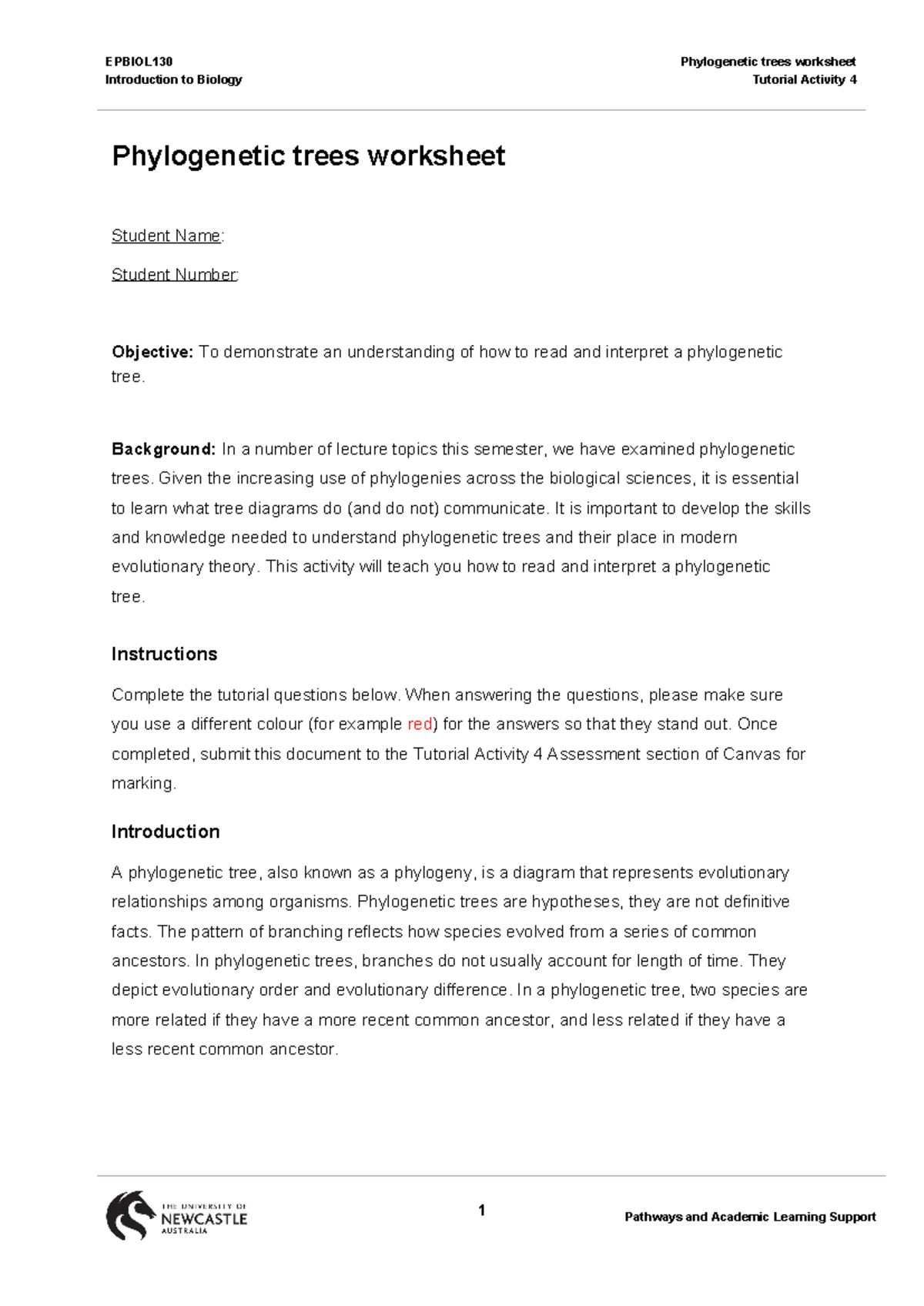 Phylogenetic Trees Worksheet - Biology Tutorial Activity 4 - Studocu