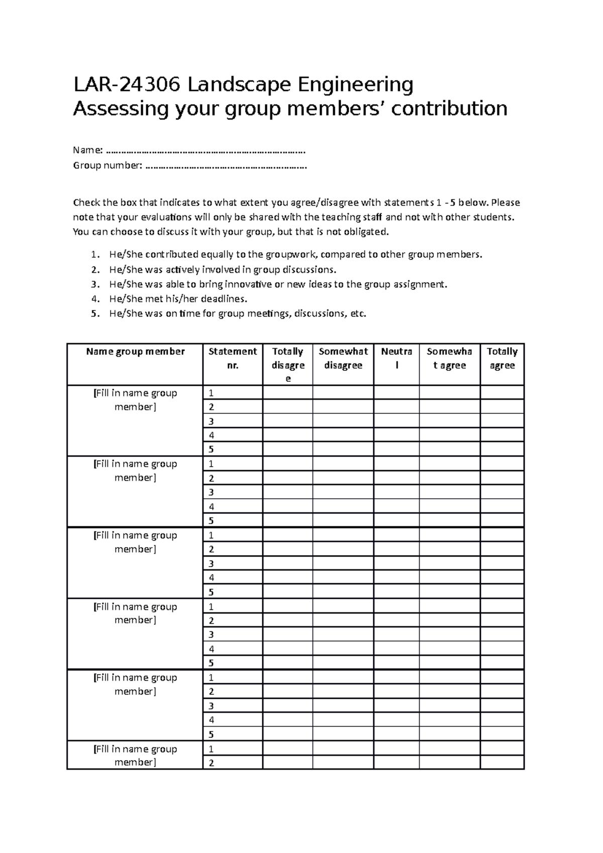 LAR-24306 Group Member Contribution Assessment Form - Studeersnel