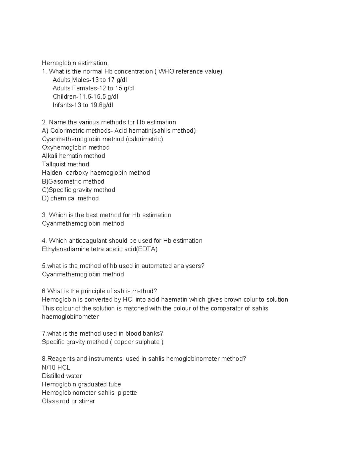 Hemoglobin Estimation: Q&A on Methods and Values - Studocu
