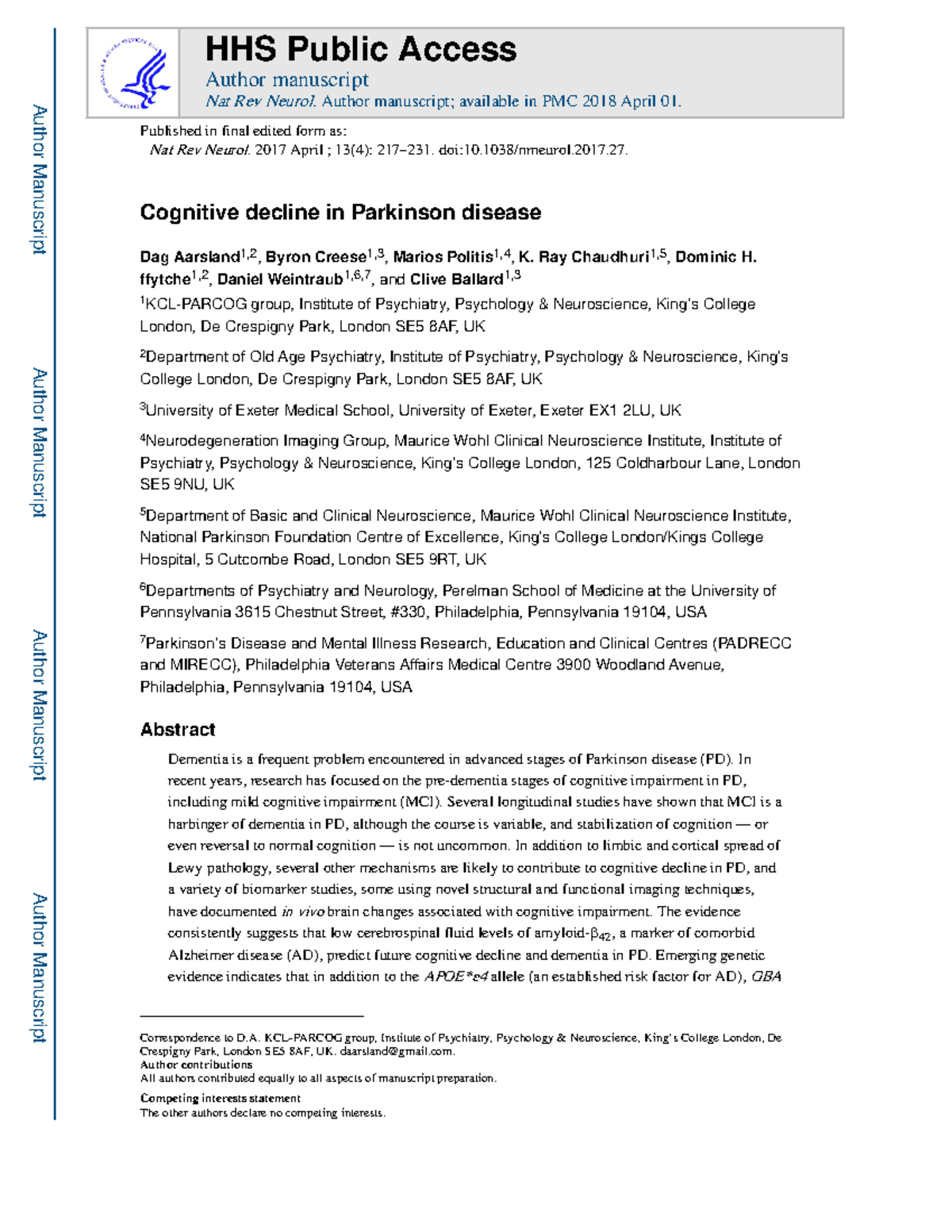 Cognitive Decline and Dementia in Parkinson Disease: An Overview ...