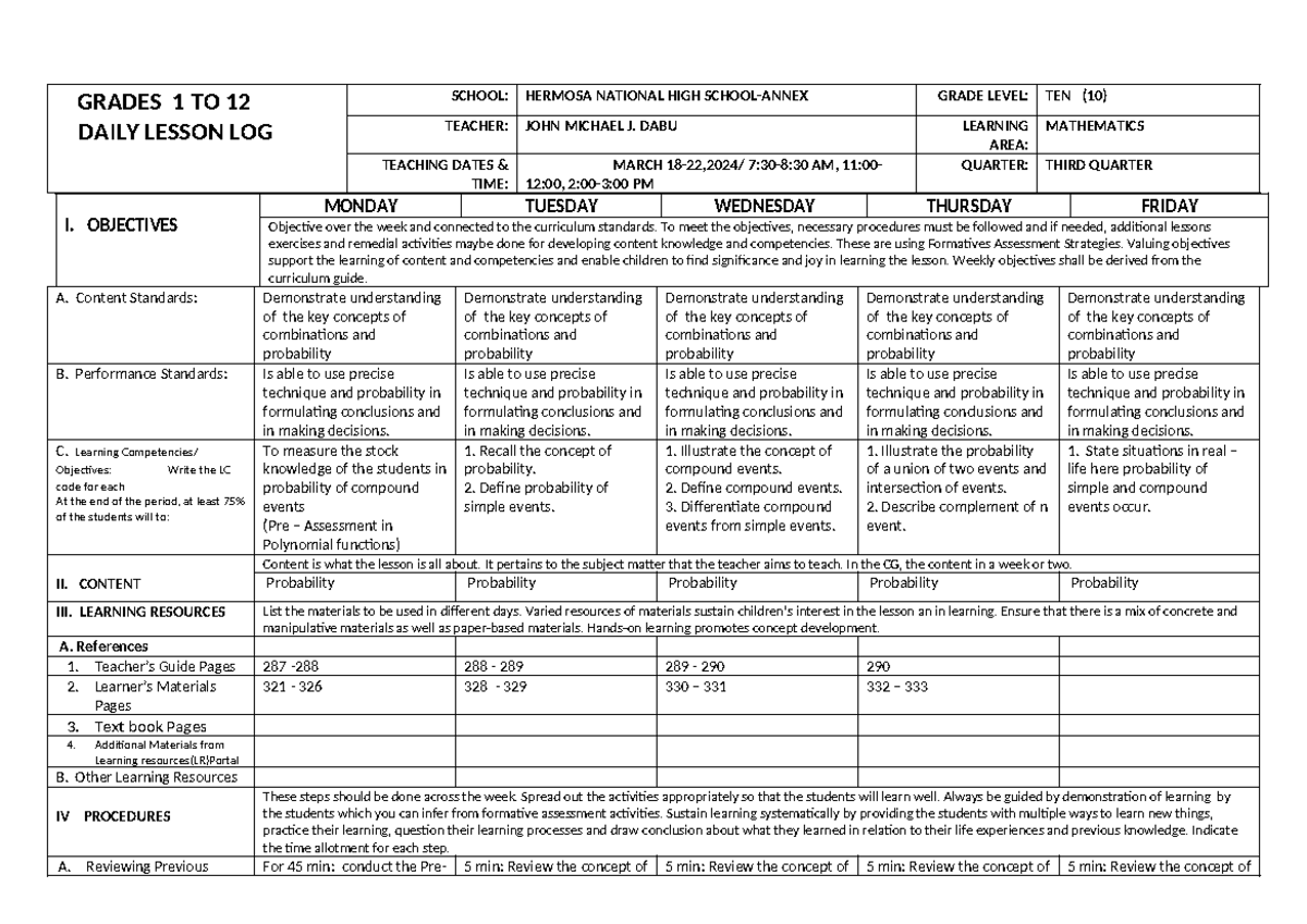 380893549 DLL MATH 10 Q3 Daily Lesson Log on Probability Concepts - Studocu