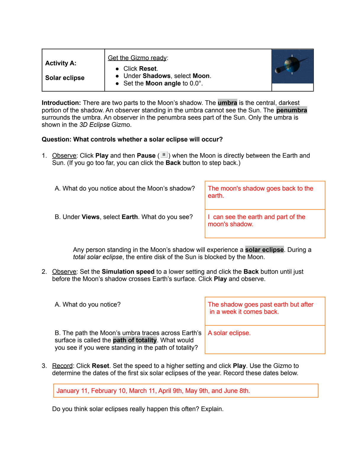 Gizmo Eclipse for 3D - Activity A: Solar eclipse Get the Gizmo ready: o ...