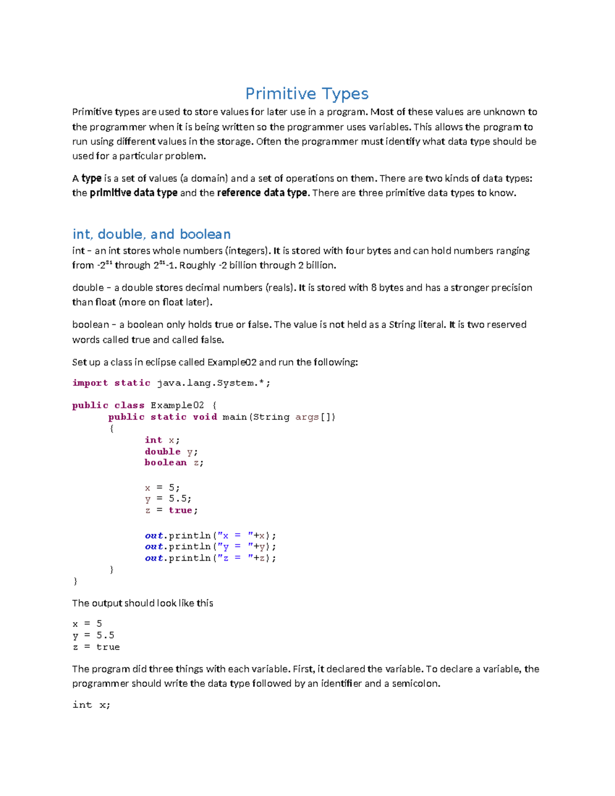 Primitive Types Overview - Class Notes on Data Types - Studocu