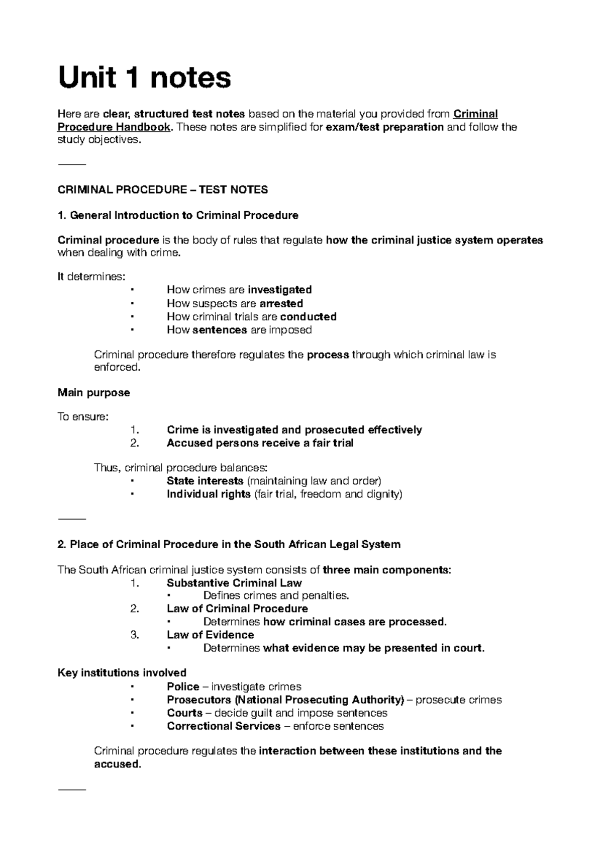CRIM 101: Unit 1 Criminal Procedure Test Notes Summary - Studocu