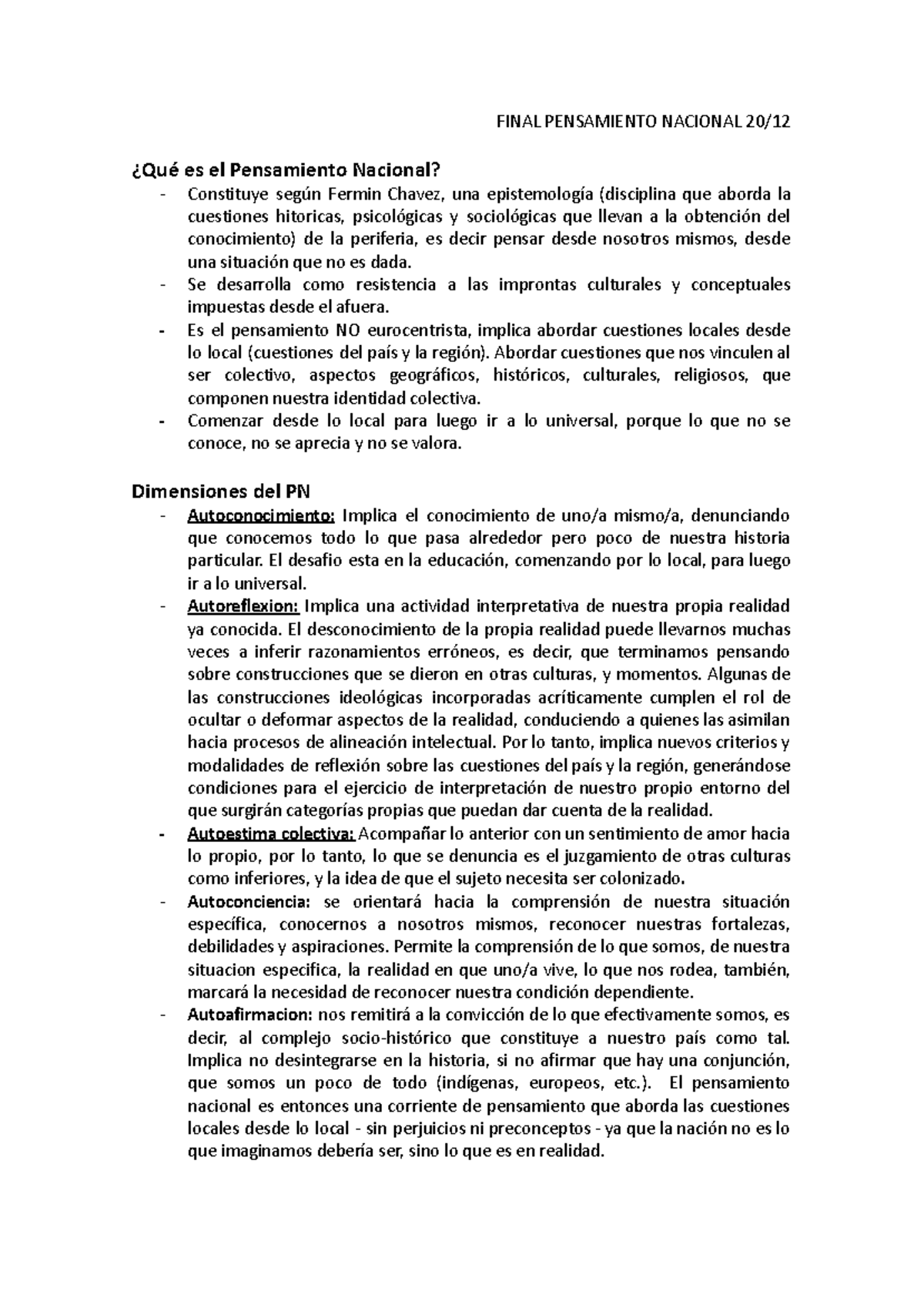 Resumen Final: Pensamiento Nacional (Código: PN) - Document Preview