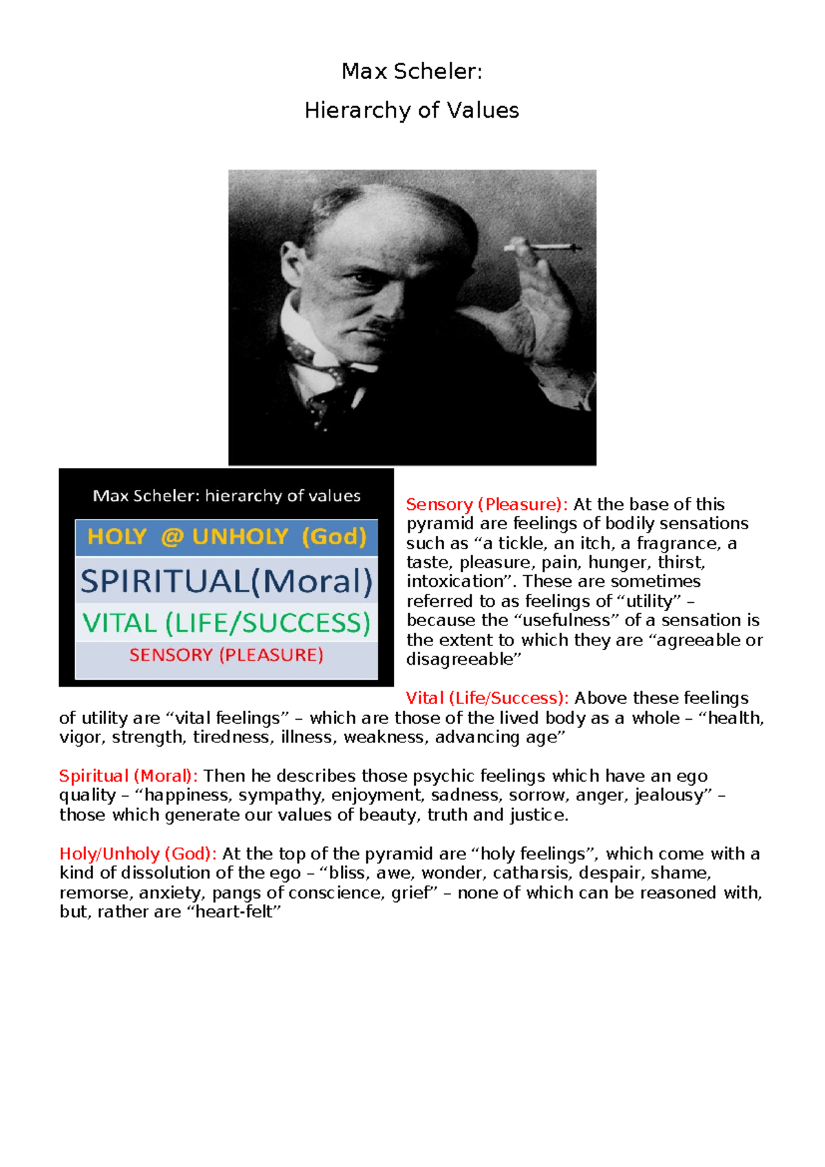 A3 - scheffer work - Max Scheler: Hierarchy of Values Sensory (Pleasure ...