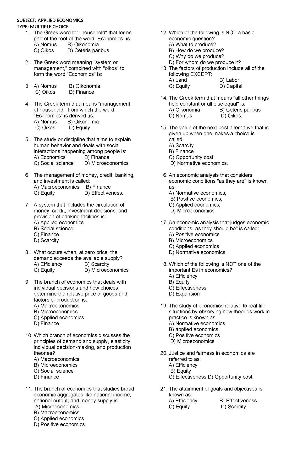 Applied ECON 101 Reviewer: Multiple Choice Questions Guide - Studocu