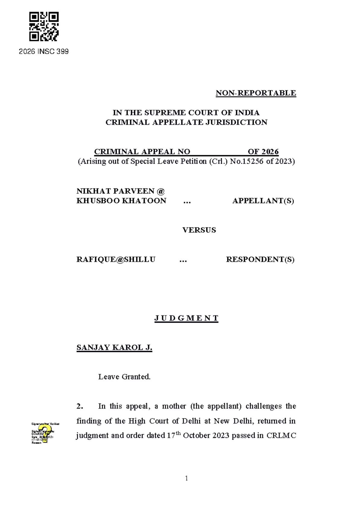 2026 INSC 399 Criminal Appeal: Nikhat Parveen vs Rafique Judgment ...