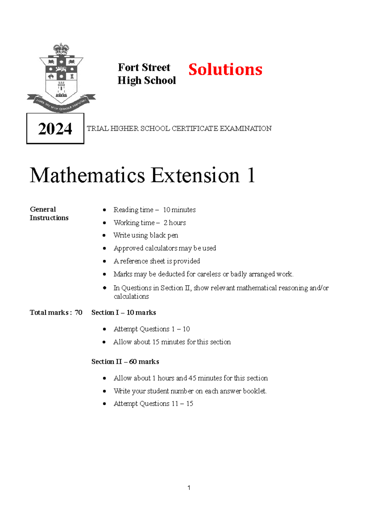2024 Fort Street High School - Mathematics Extension 1 Trial Exam ...