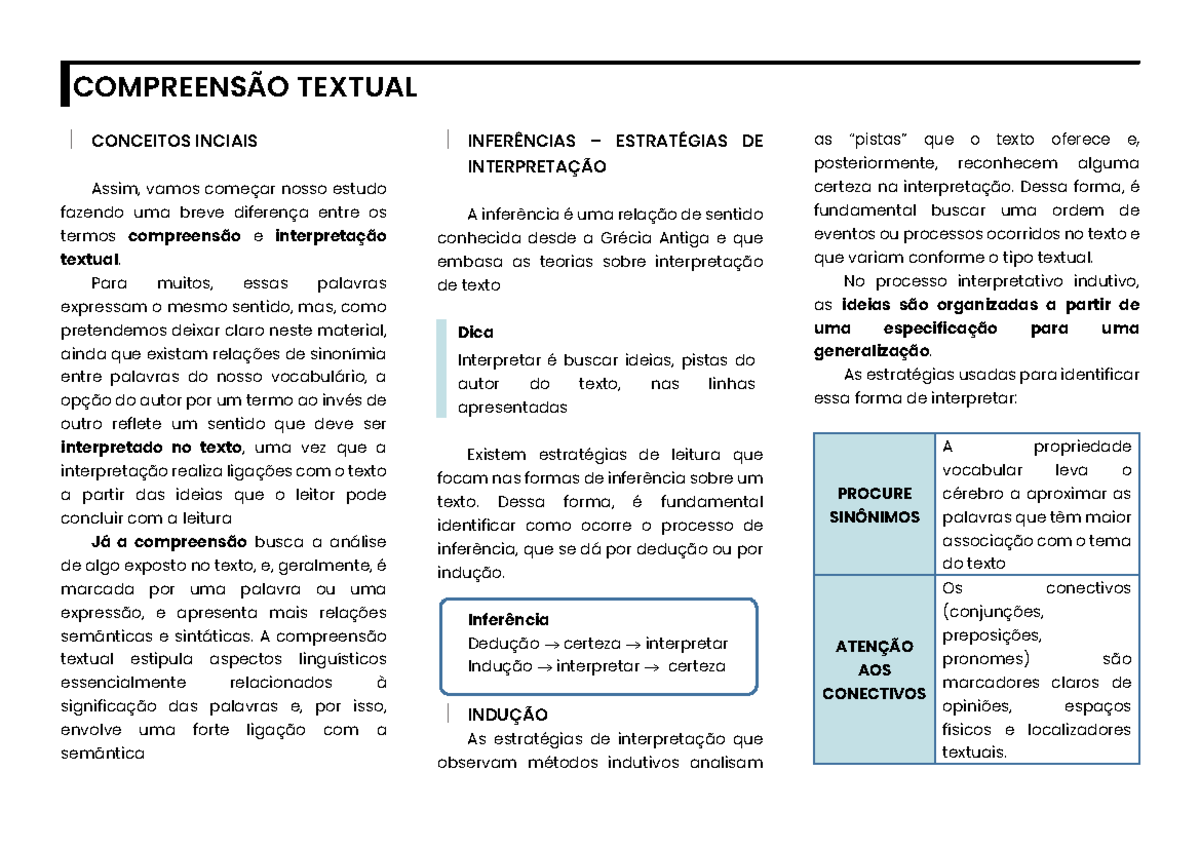 1 Compreensão e Interpretação Textual: Conceitos e Estratégias - Studocu