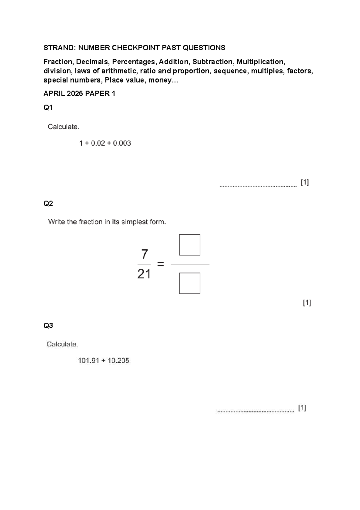 Number Checkpoint Past Questions: Fractions, Decimals, and More - Studocu