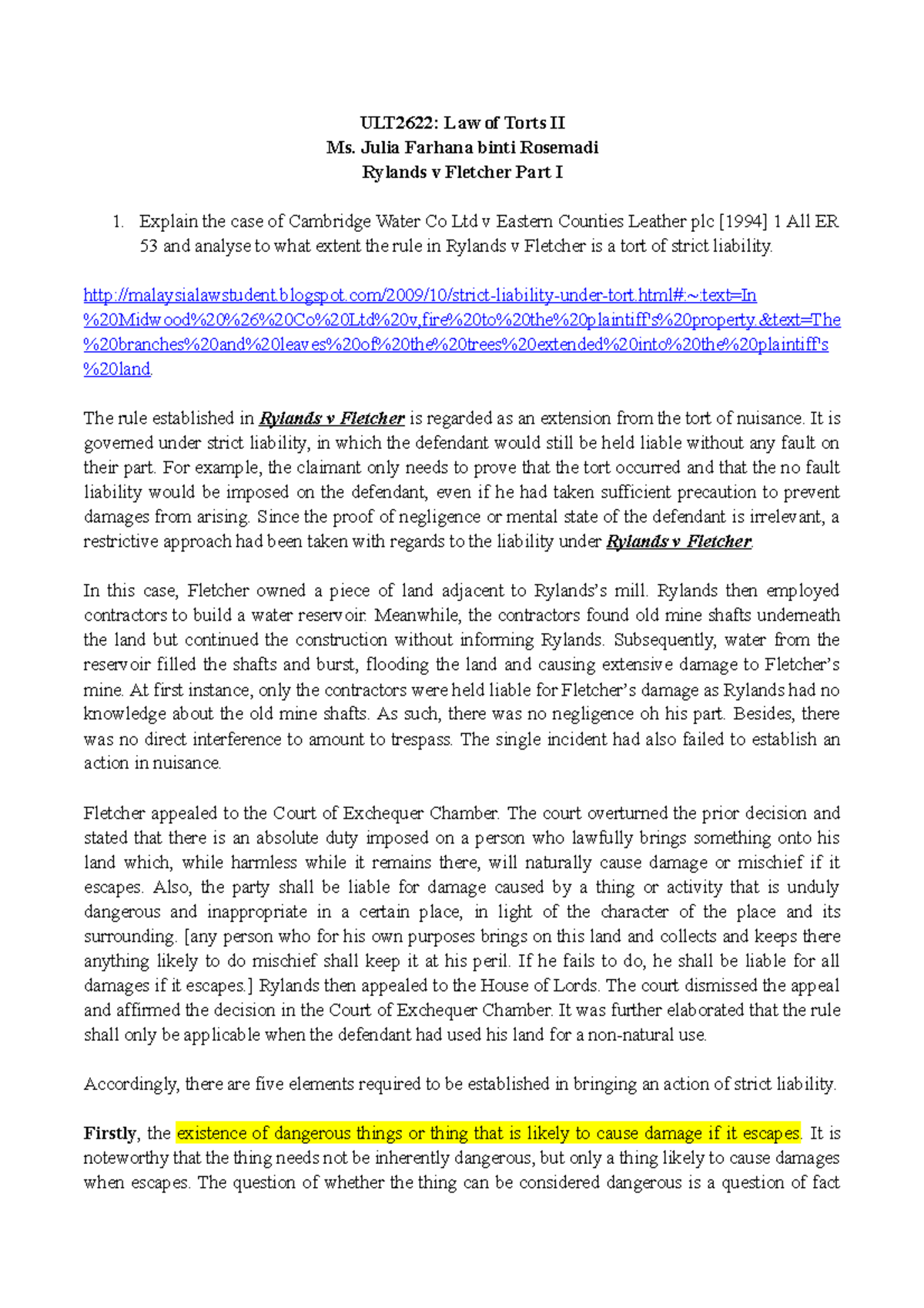 Tuto 3 strict liability - ULT2622: Law of Torts II Ms. Julia Farhana ...