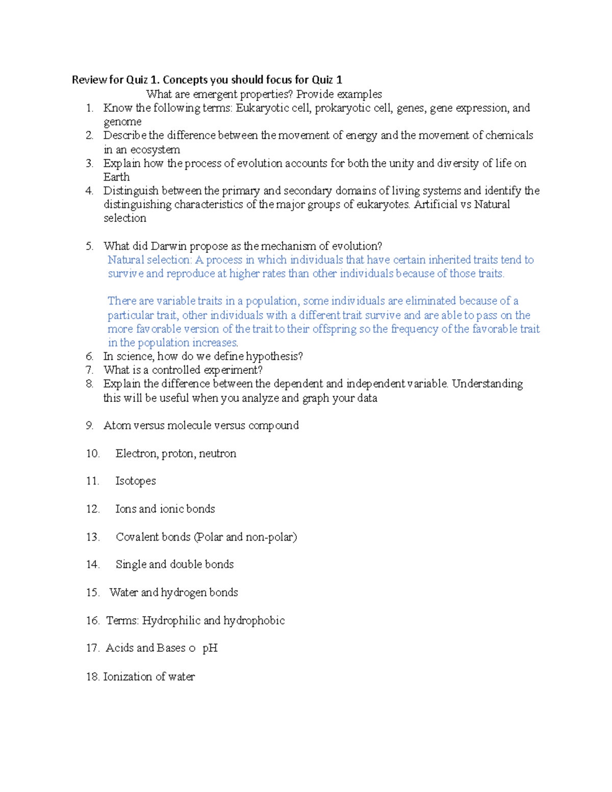 Quiz 1 Review: Key Concepts for Biology Exam on 06-14-23 - Studocu