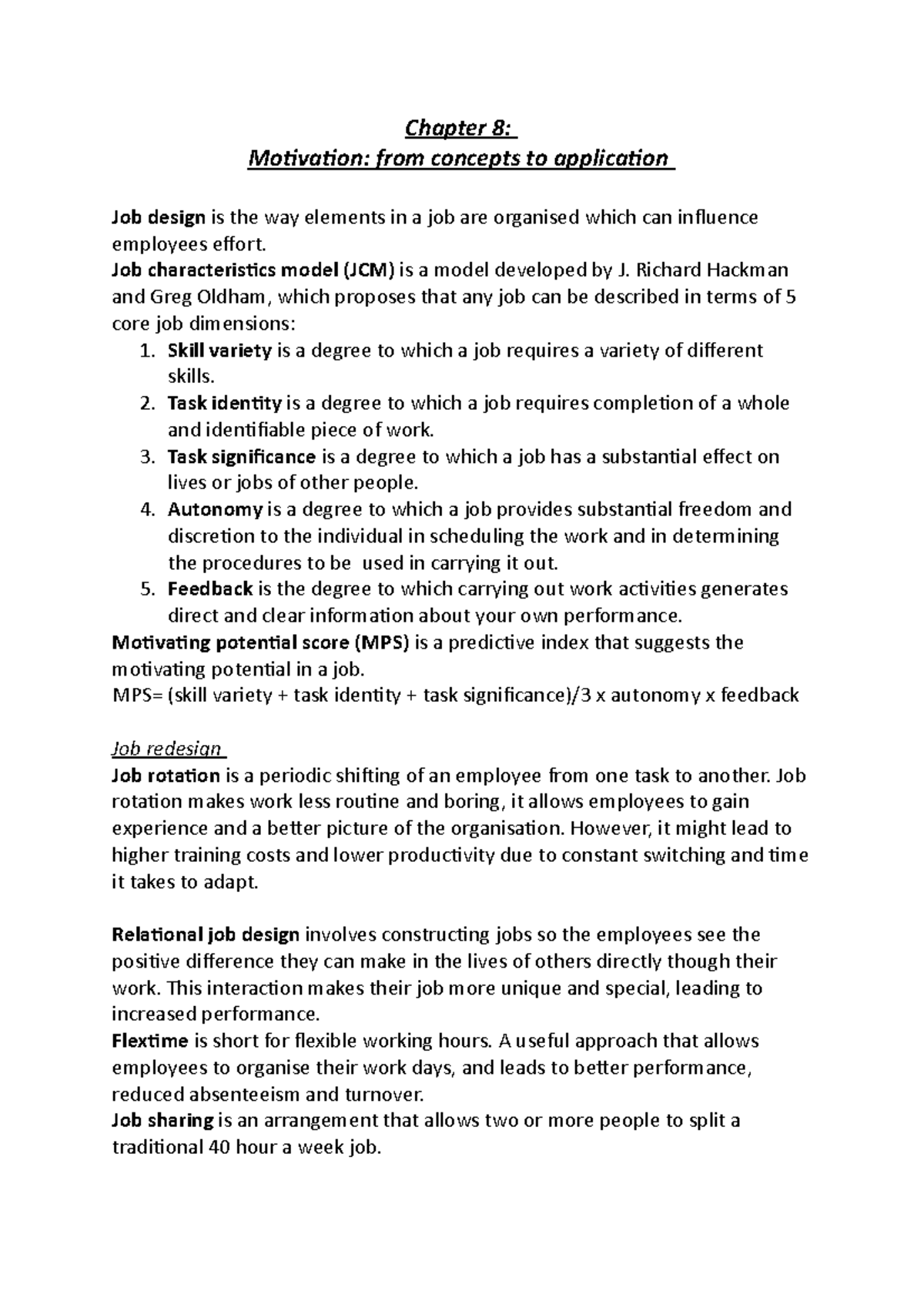 Chapter 8 Organisational Behaviour Motivation - UvA - Studeersnel