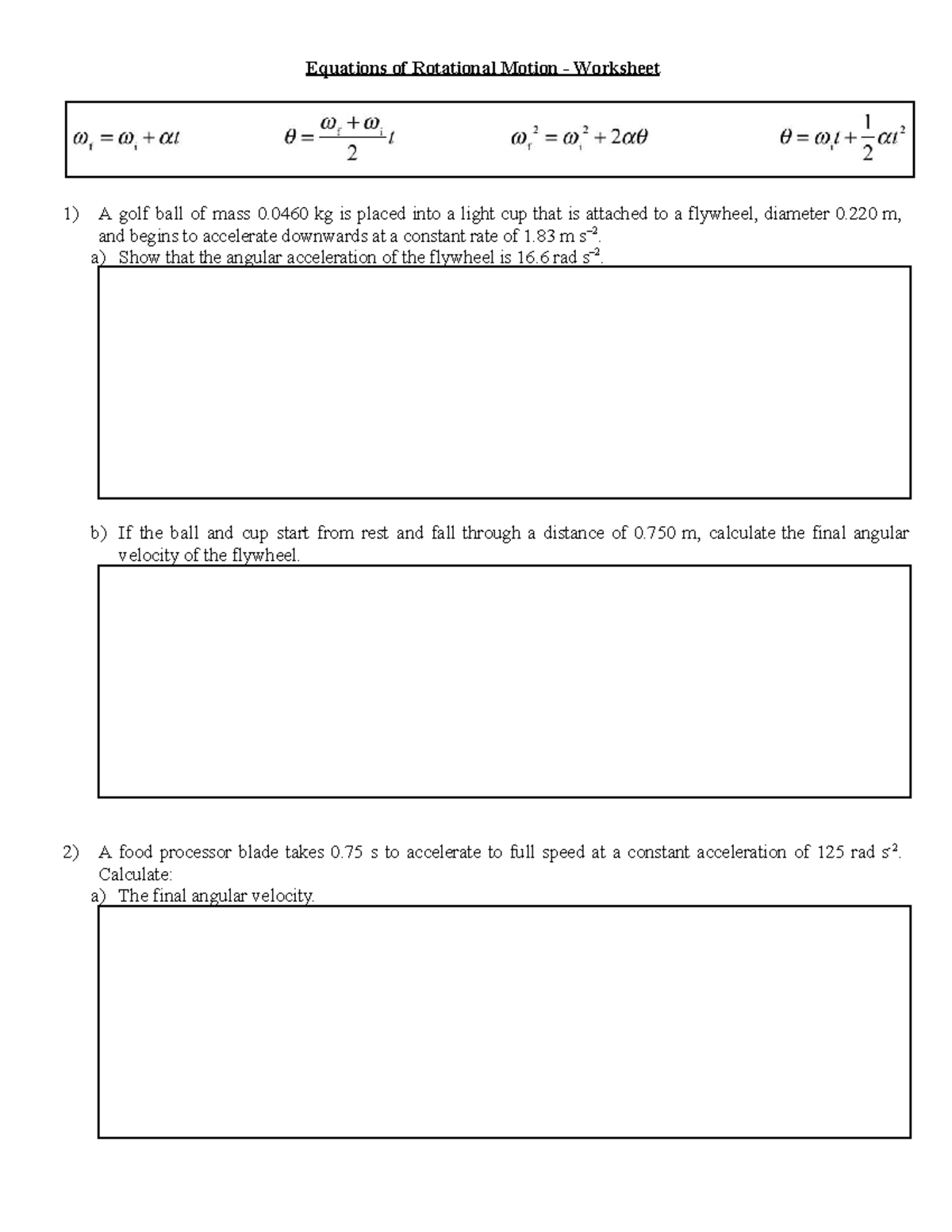 14. Equations of Rotational Motion Worksheet: Angular Acceleration ...