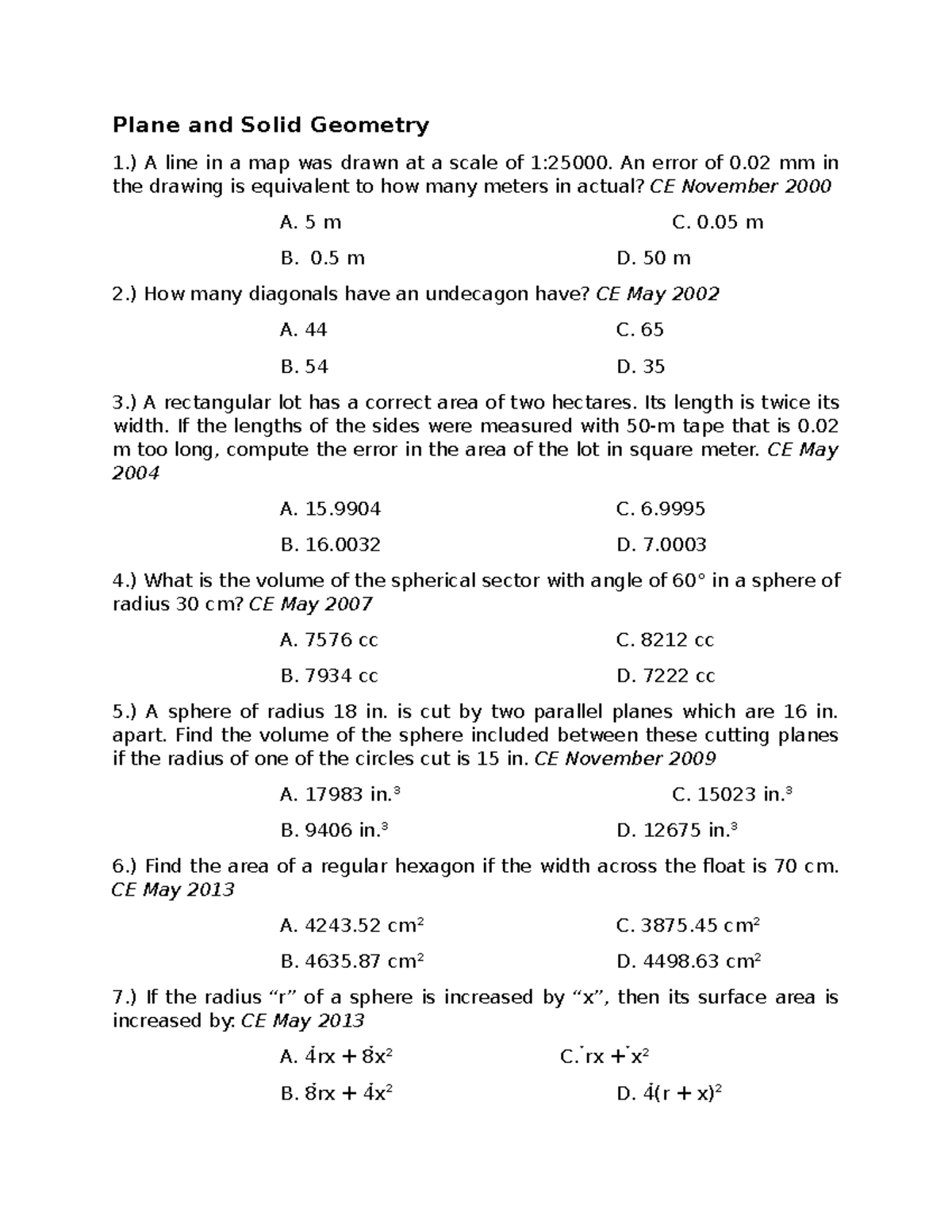 Plane and Solid Geometry CE Exam Questions and Solutions - Studocu