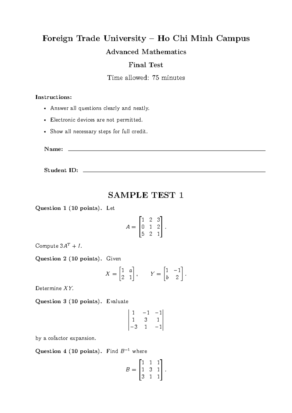 Advanced Mathematics Final Exam - MATH 1 - Sample 2025 - Studocu