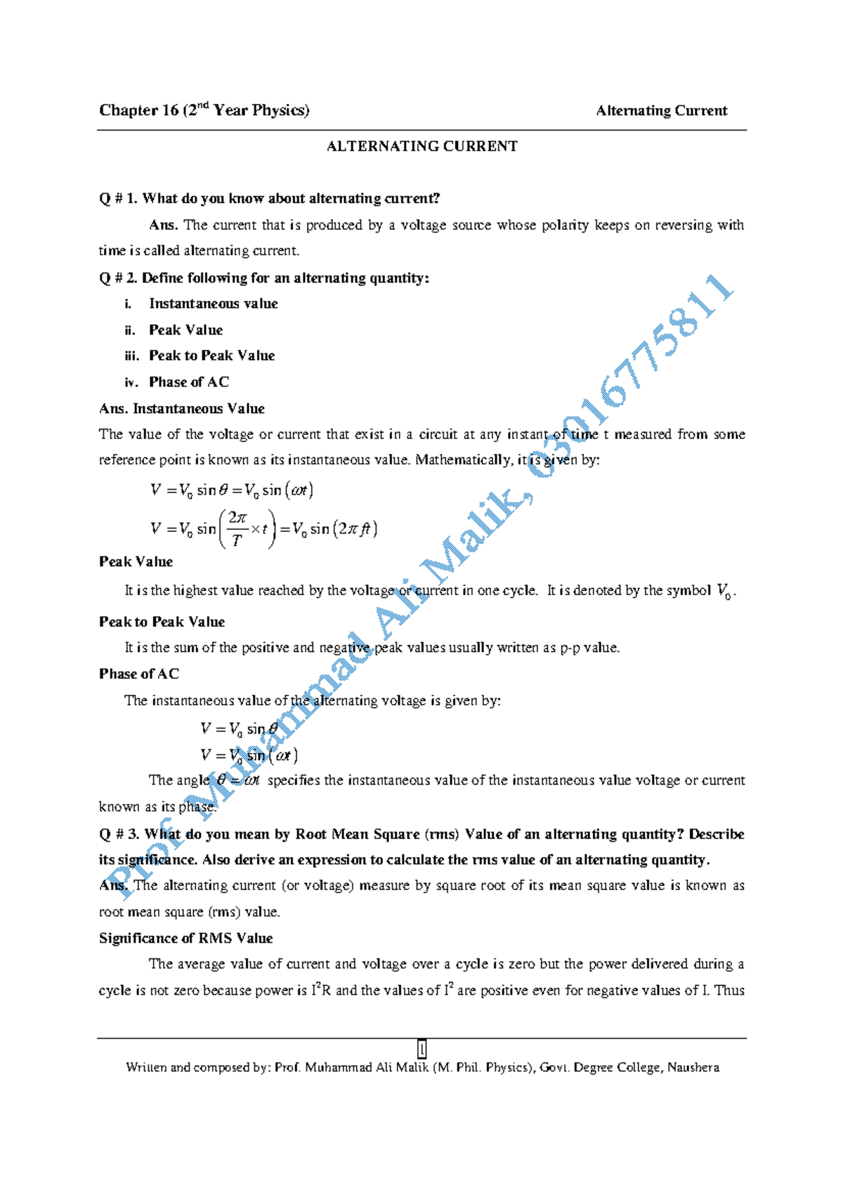 Chapter 16 Notes on Alternating Current (Physics) - Key Concepts - Studocu