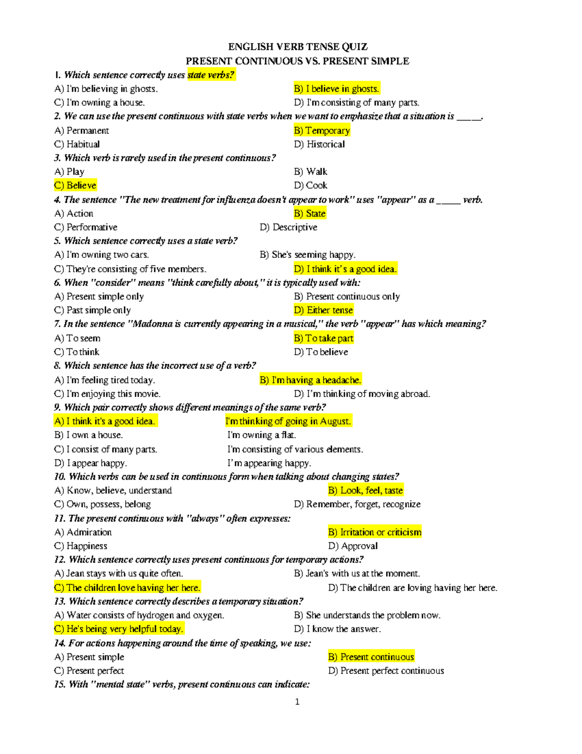 ENGLISH TENSES QUIZ: PRESENT CONTINUOUS VS. PRESENT SIMPLE - Studocu