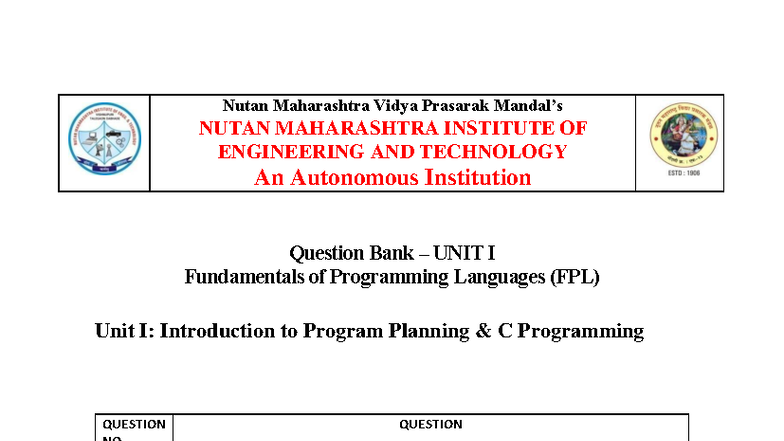 Question Bank UNIT I - Fundamentals of Programming Languages (FPL ...
