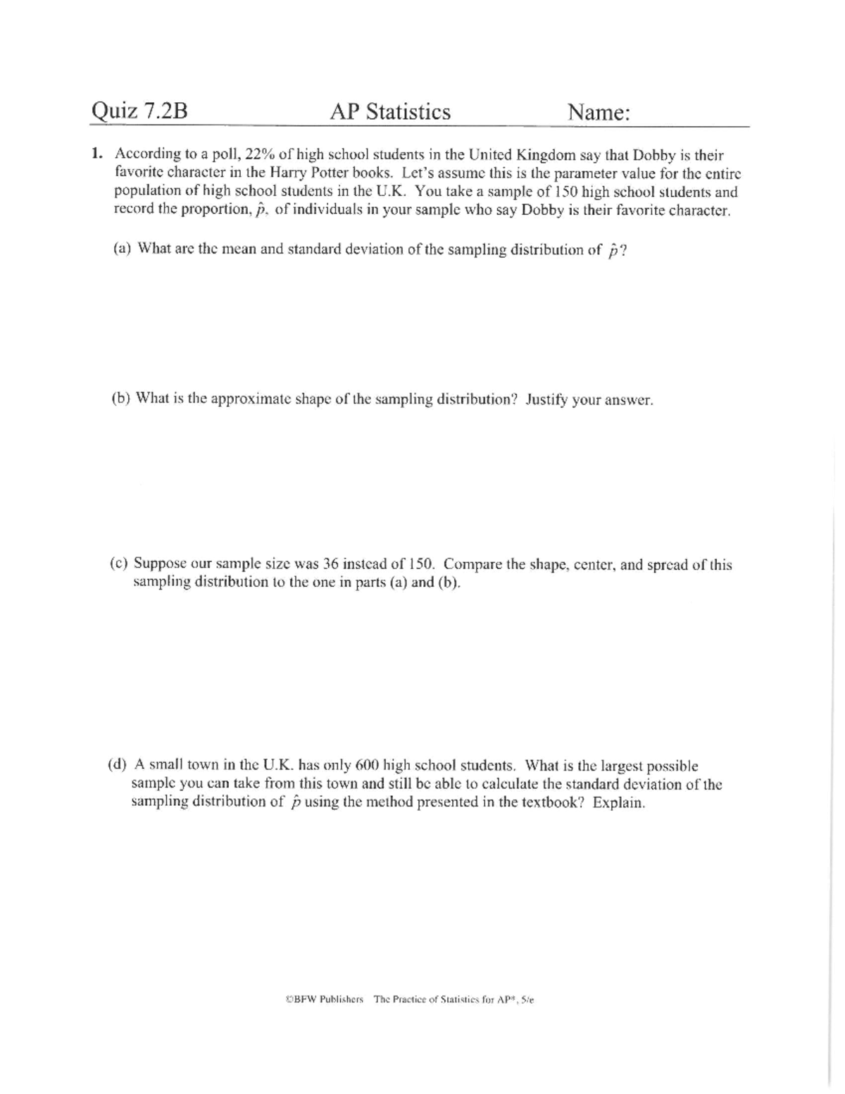 AP Statistics Chapter 7 Practice Test and Sampling Distribution ...