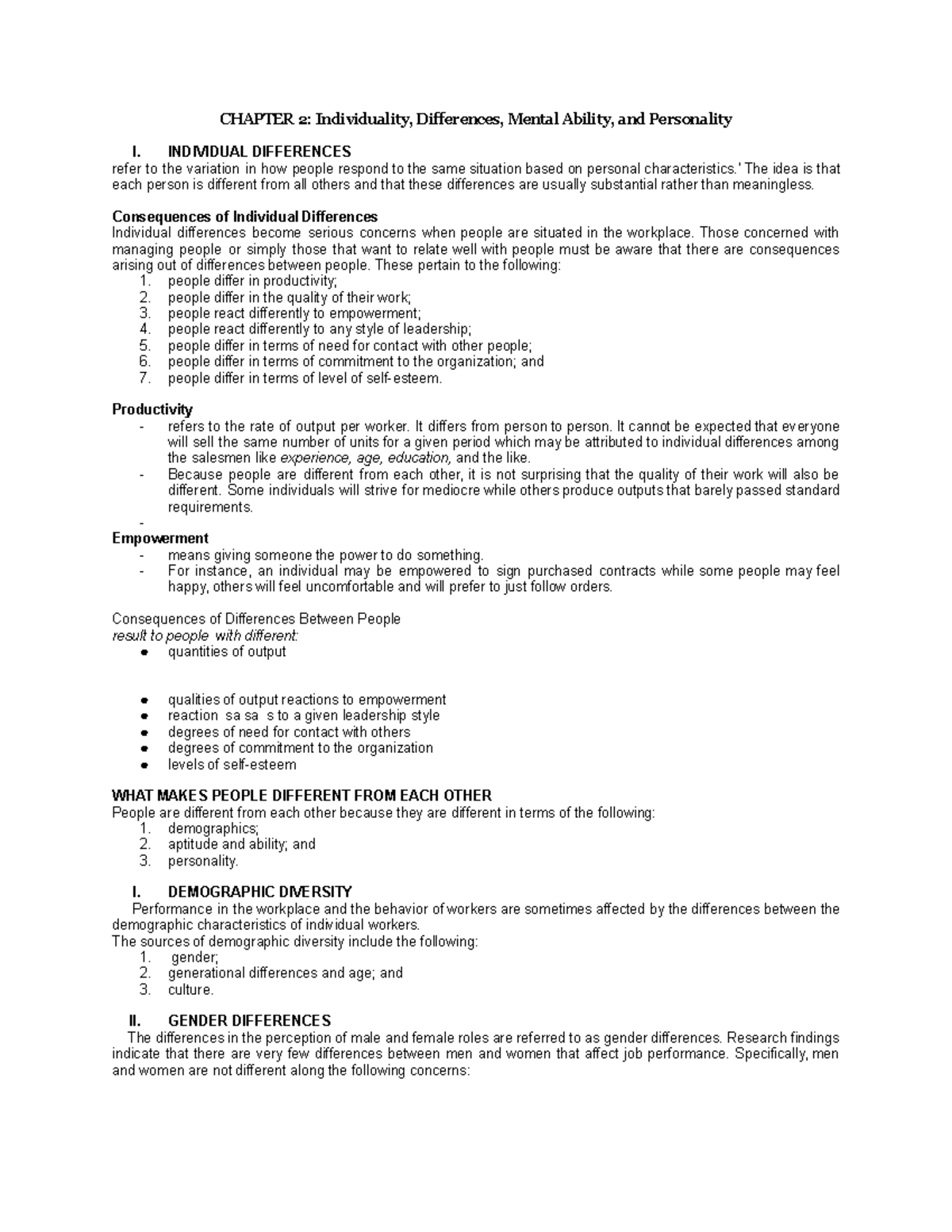 BA 213 Chapter 2 : Notes - CHAPTER 2: Individuality, Differences ...