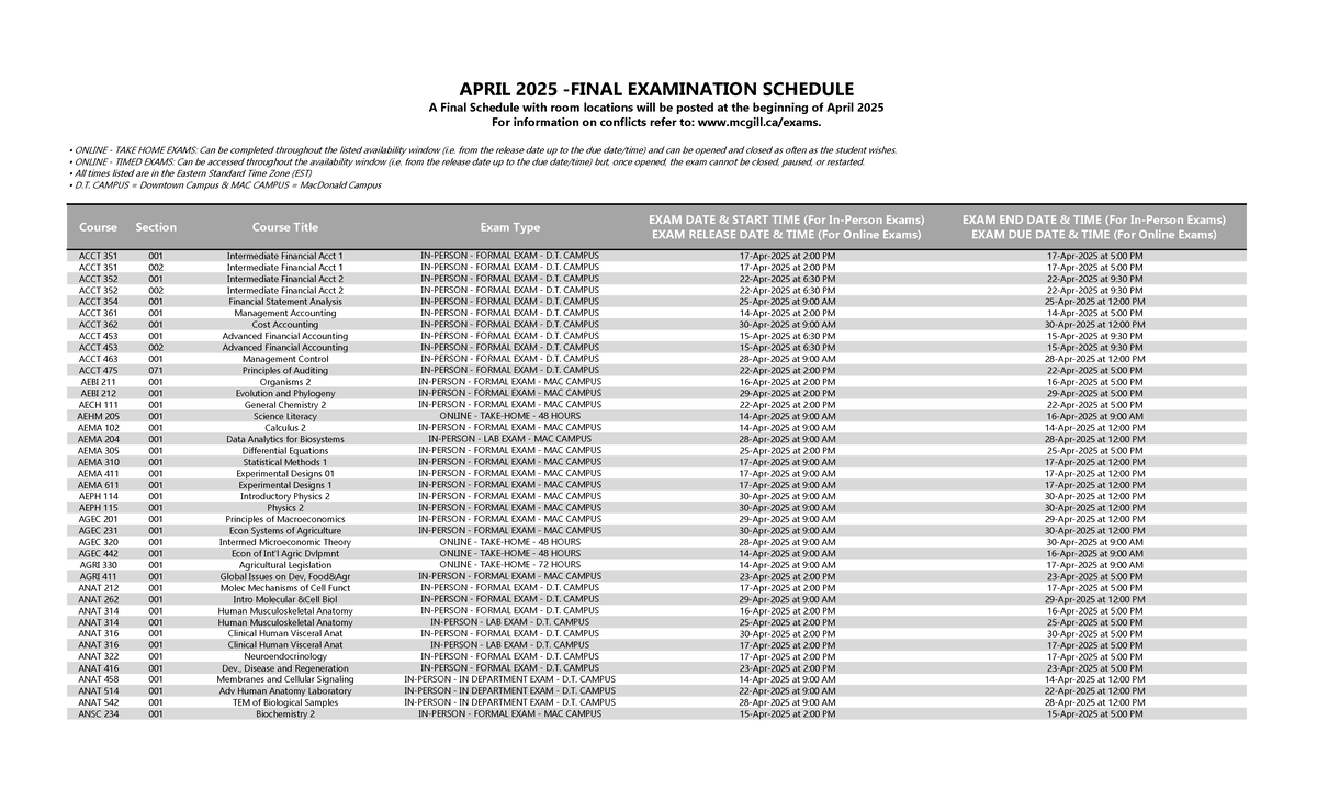 April 2025 Final Examination Schedule with Room Locations - Studocu